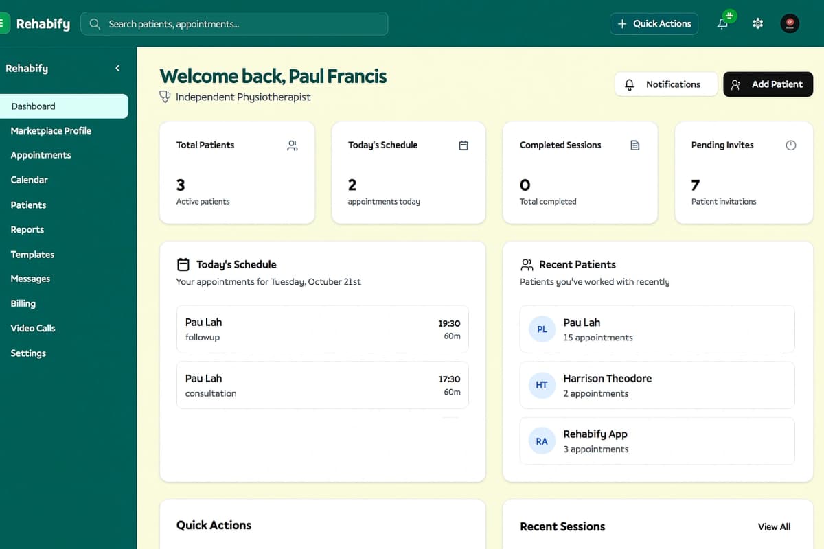Physiotherapist Dashboard - Rehabify Platform