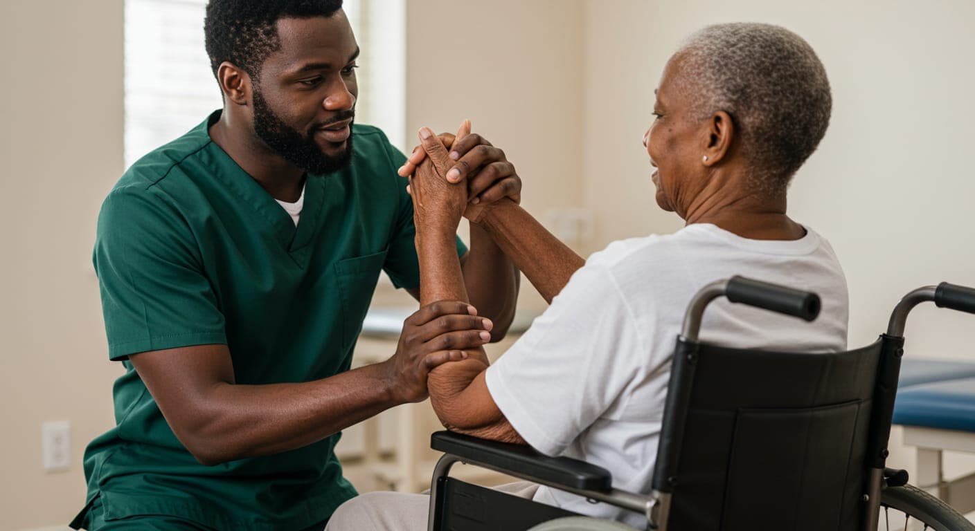 A physiotherapist working with an older patient in a wheelchair